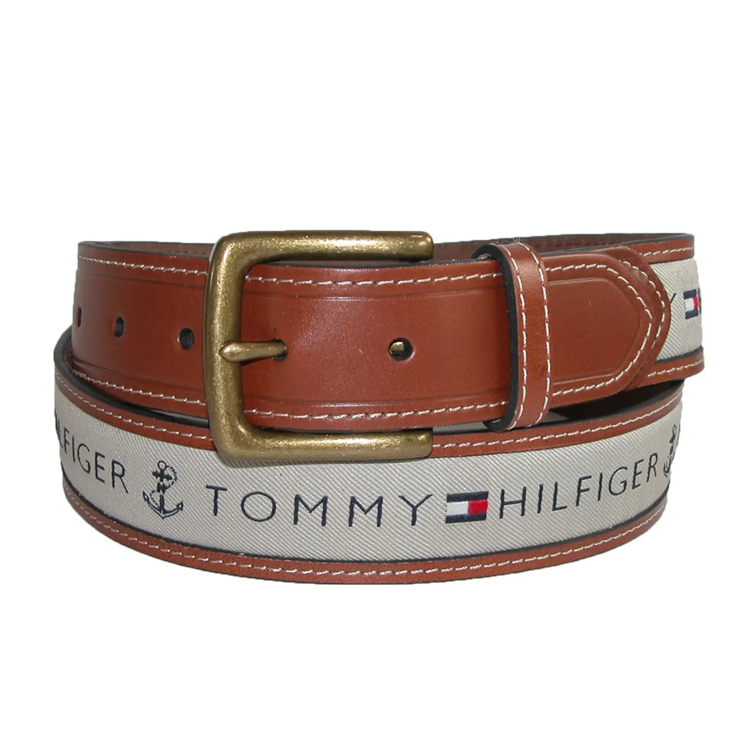 Tommy Hilfiger Men's Classic Durable Genuine Leather Adjustable Belt - Heavy Duty Casual Style, Logo Print Cotton Inlay, Antiqued Brass Frame-Buckle, Belt with Buckle for Casual Use, Classic Belt