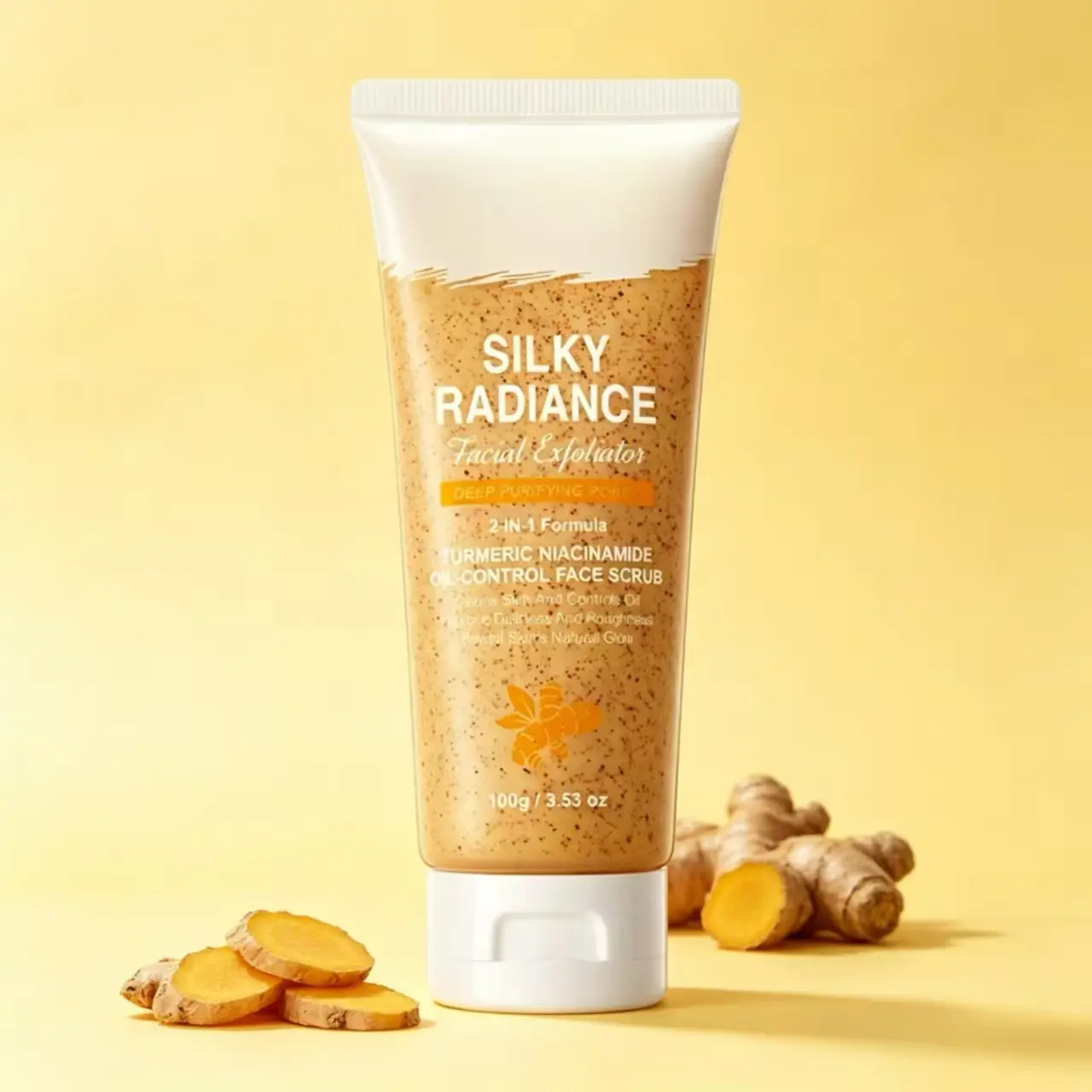 Turmeric Nourishing Facial Scrub  Infused with natural turmeric extract and moisturizing ingredients. Gently exfoliates while deeply hydrating the skin, leaving it smooth, supple, and radiant Exfoliant Acne Skin Repair Daily