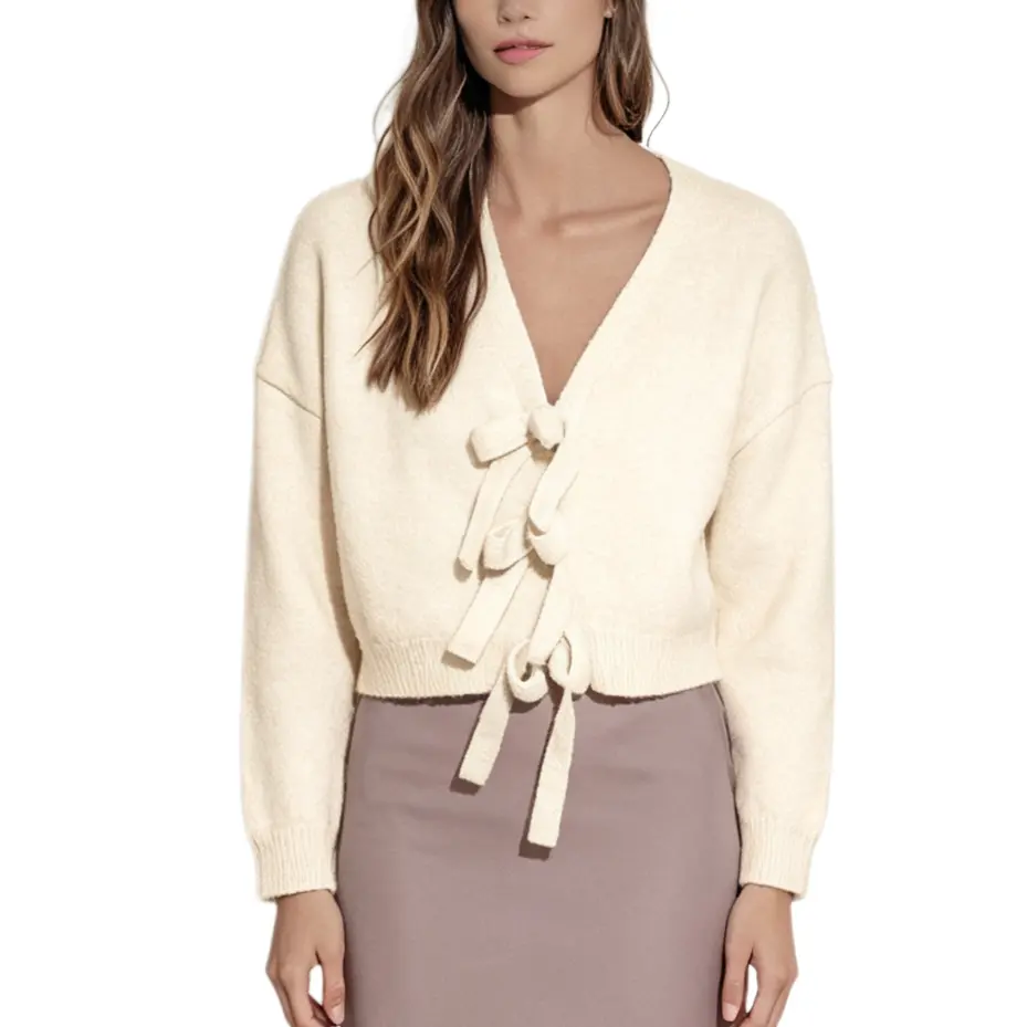 LazyChic Women's Bow Front Knit Cardigan, V-Neck Long Sleeve Sweater, Relaxed Preppy Top for Casual Everyday Looks