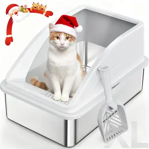 Enclosed Cat Litter Box Stainless Steel with Lid, XL Extra Large Litter Box for Big Cats, Anti-Urine Leakage, Include Cat Mat and All-Metal Litter Scoop EasyCleaning Perfer Gift for Cat