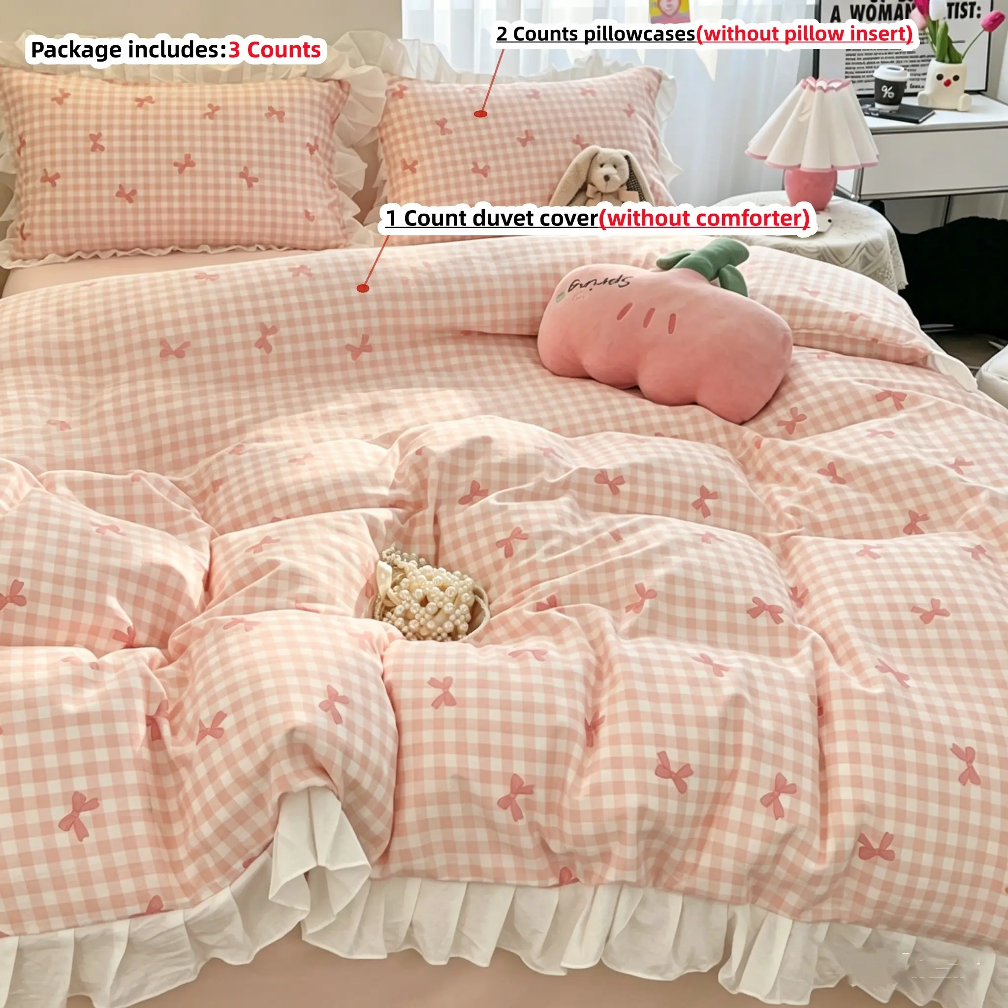 3pcs Pink and blue Plaid Bow bedding Set,1Pc Duvet cover+2Pcs Pillowcases (without comforter and pillow insert) 100g Polyester, Single Twin Double Queen Size, All Seasons Use Checkered Bedding Set Soft Comfy Bed Sets