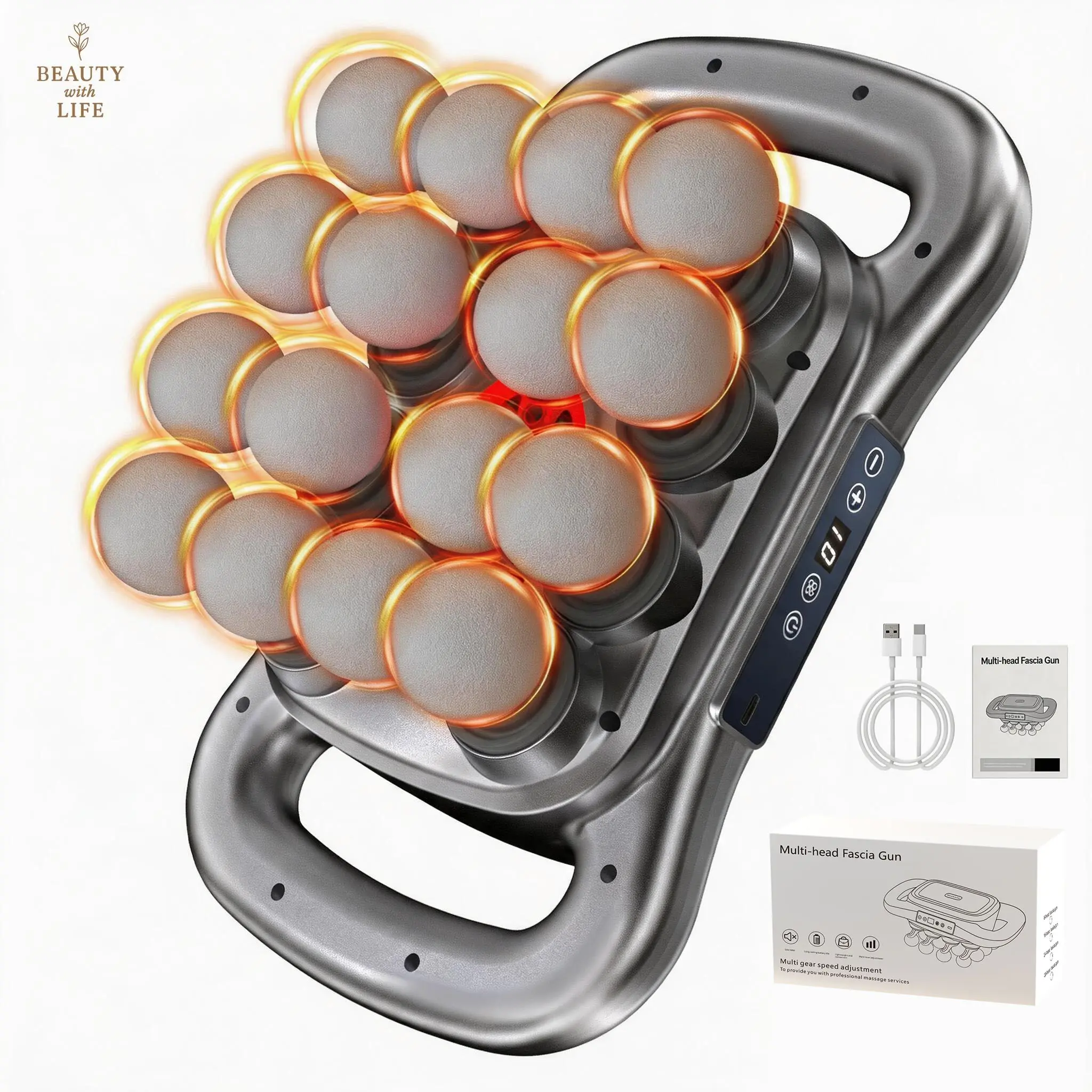 【2026】16-Head Deep Tissue Percussion Massage Gun Set (2026), Quiet Back Massagers with 9 Modes, 9 Intensity Levels, Red Light Therapy, Adjustable Design, Massagers for Neck and Back Pain Relief for Family Use