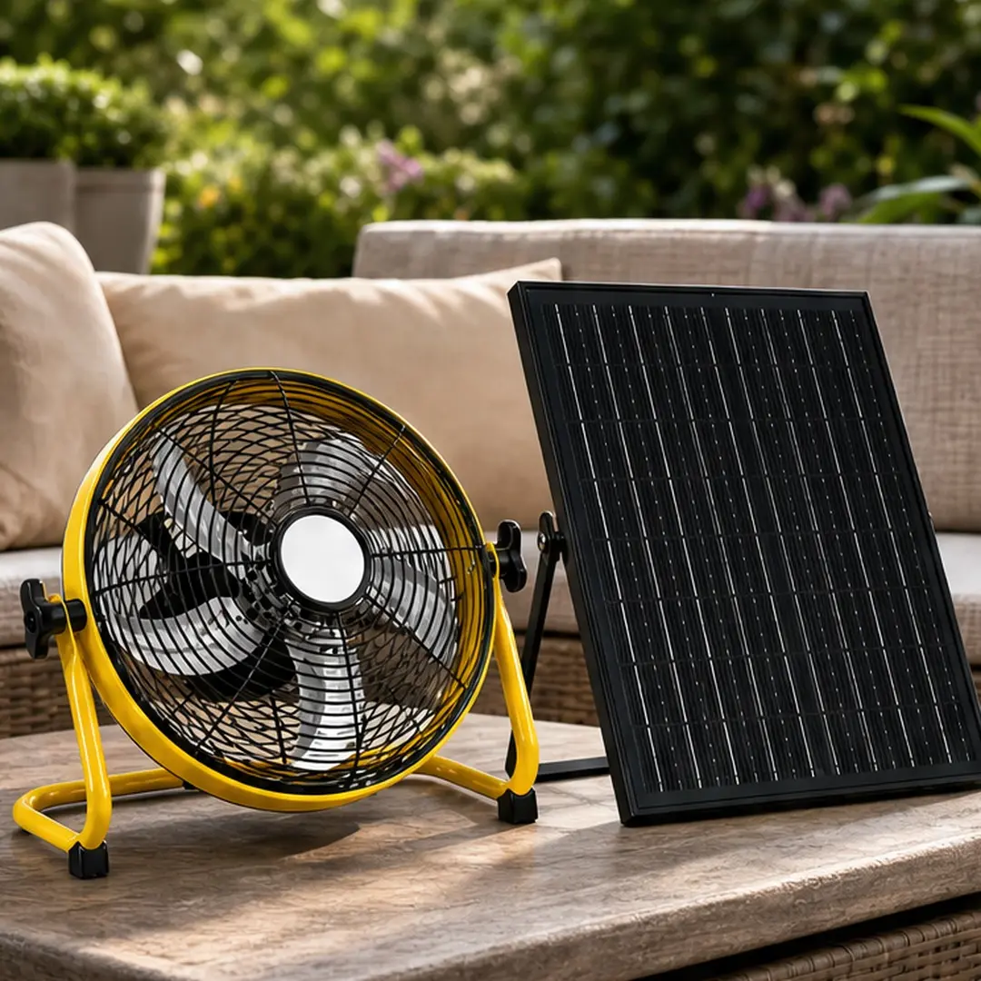 12" Solar Rechargeable Floor Fan with 30W Monocrystalline Panel, 1500mAh Battery, 3-Speed Remote Control, Dual Power DC Motor, Quiet Cooling for Home Bedroom, Backyard Camping, Greenhouse Ventilation, Yellow Color Options, Steel Material
