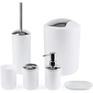 6-Piece Bathroom Organization Set, Toothbrush Holder with Cup, Soap Dispenser & Dish, Toilet Brush, Trash Can, Tumbler Set (White)