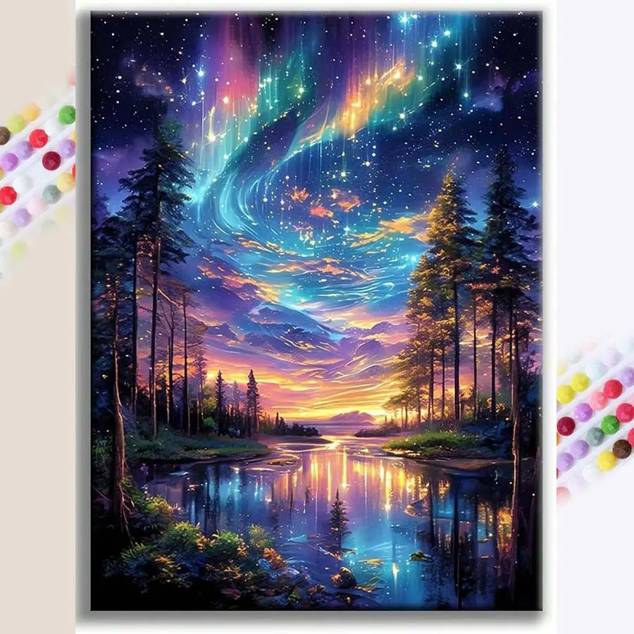 1 set of DIY diamond painting kit, 5D diamond art set, DIY decoration, dreamy starry sky, vibrant aurora, tranquil lakes mosaic, diamond art, DIY art home decor, Craft