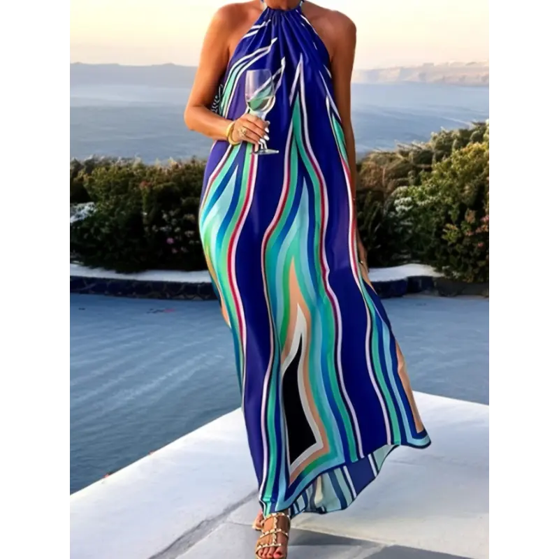 summer  new style dress unique FD1667 Summer New Bohemian Print Tie-Neck Sleeveless Long Dress for Women in Vacation Style