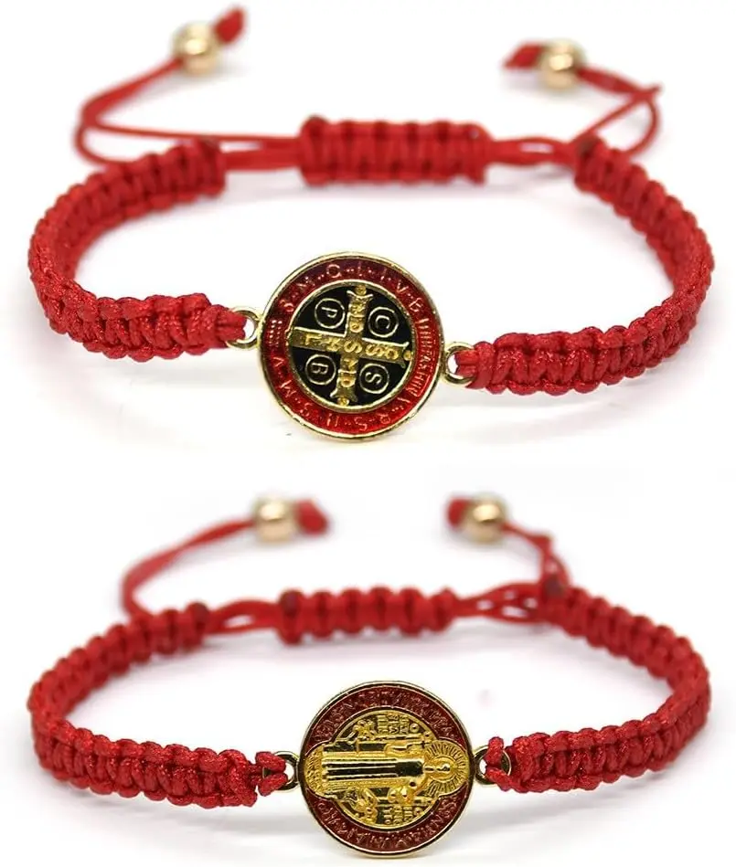 Catholic Saint Benedict Medal Bracelet 2 Count Adjustable Braided String Matching  Protection Pray Inspirational Religious Gifts for Women Men