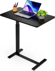 Adjustable Bedside Side Table with Hidden Casters, Pneumatic Mobile Laptop Desk, Rolling Overbed Table for Home & Bedroom Use, Black