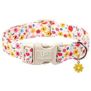 UP URARA PUP Floral Dog Collar, Adjustable Cotton Puppy Accessory with Flower Pendant and Quick-Release Buckle for Small Medium Large Girl Boy Dogs