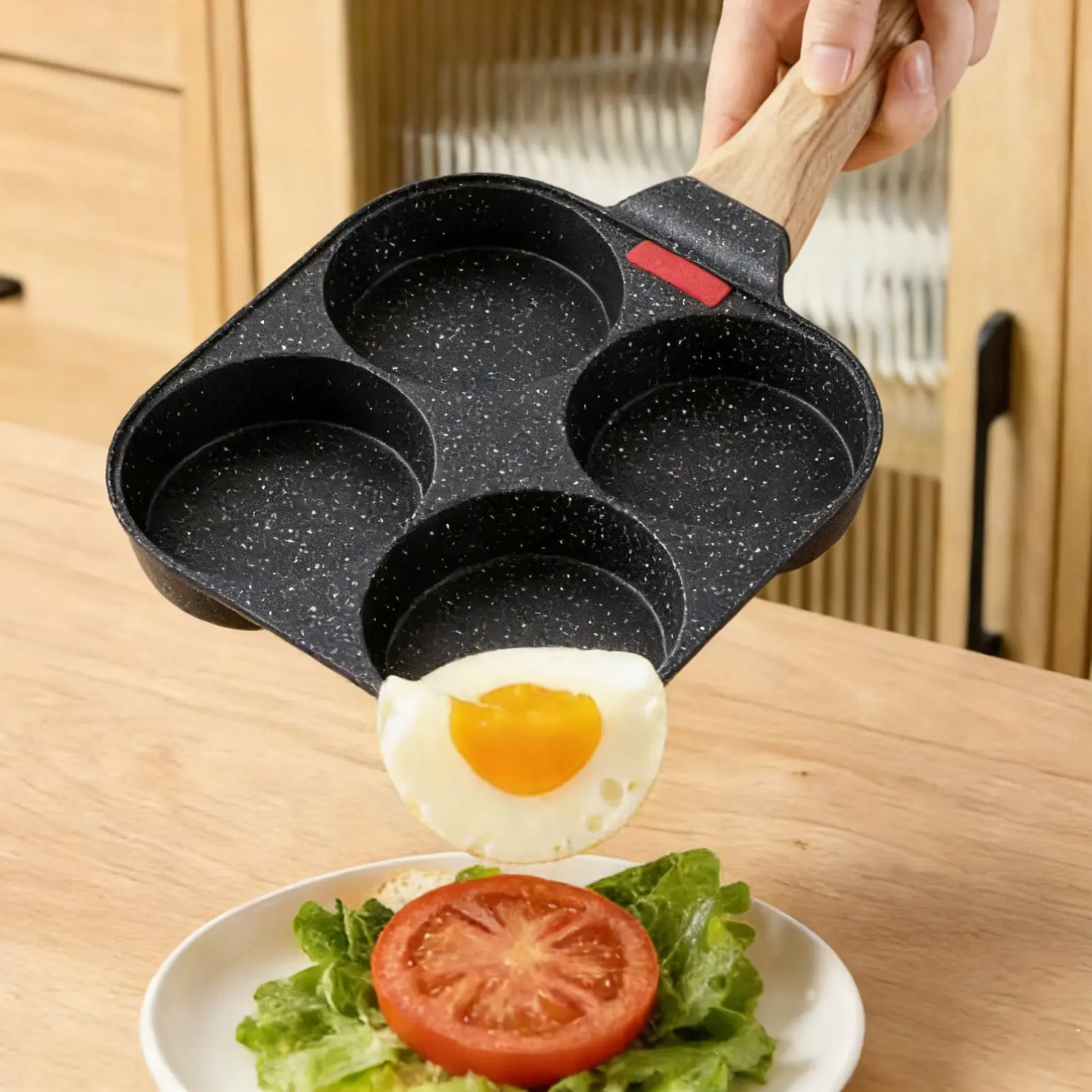 Maifan Stone Non-Stick 4-Cup 4-Holes Egg Frying Pan - Silicone-Enhanced Oil-Saving Wooden Handle Thin Cookware for Breakfast Omelettes, Pancakes