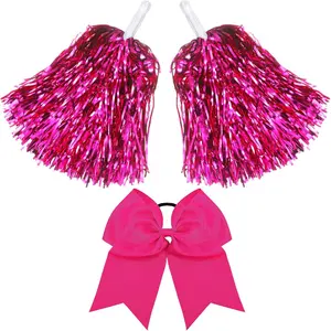3 count Cheerleading Pom Poms and Large Cheerleader Hair Bow Metallic Foil Cheerleader Pompoms  Supplies for Dance Squad Rooters  Team Accessories
