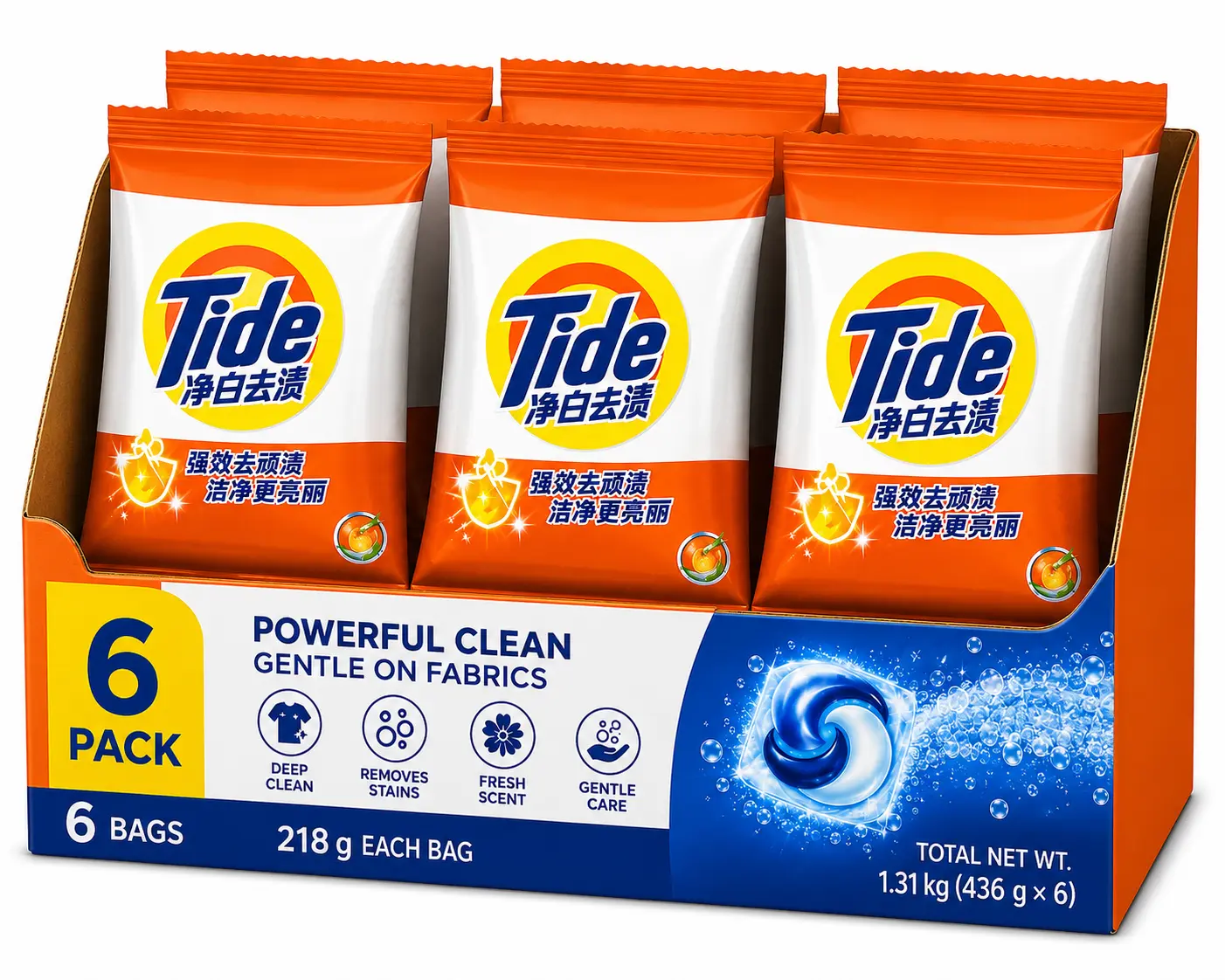 Tide Laundry Detergent Powder, 6 Pack (6 x 218 g Bags) – Powerful Stain Removal, Fresh Scent, Deep Cleaning Laundry Detergent
