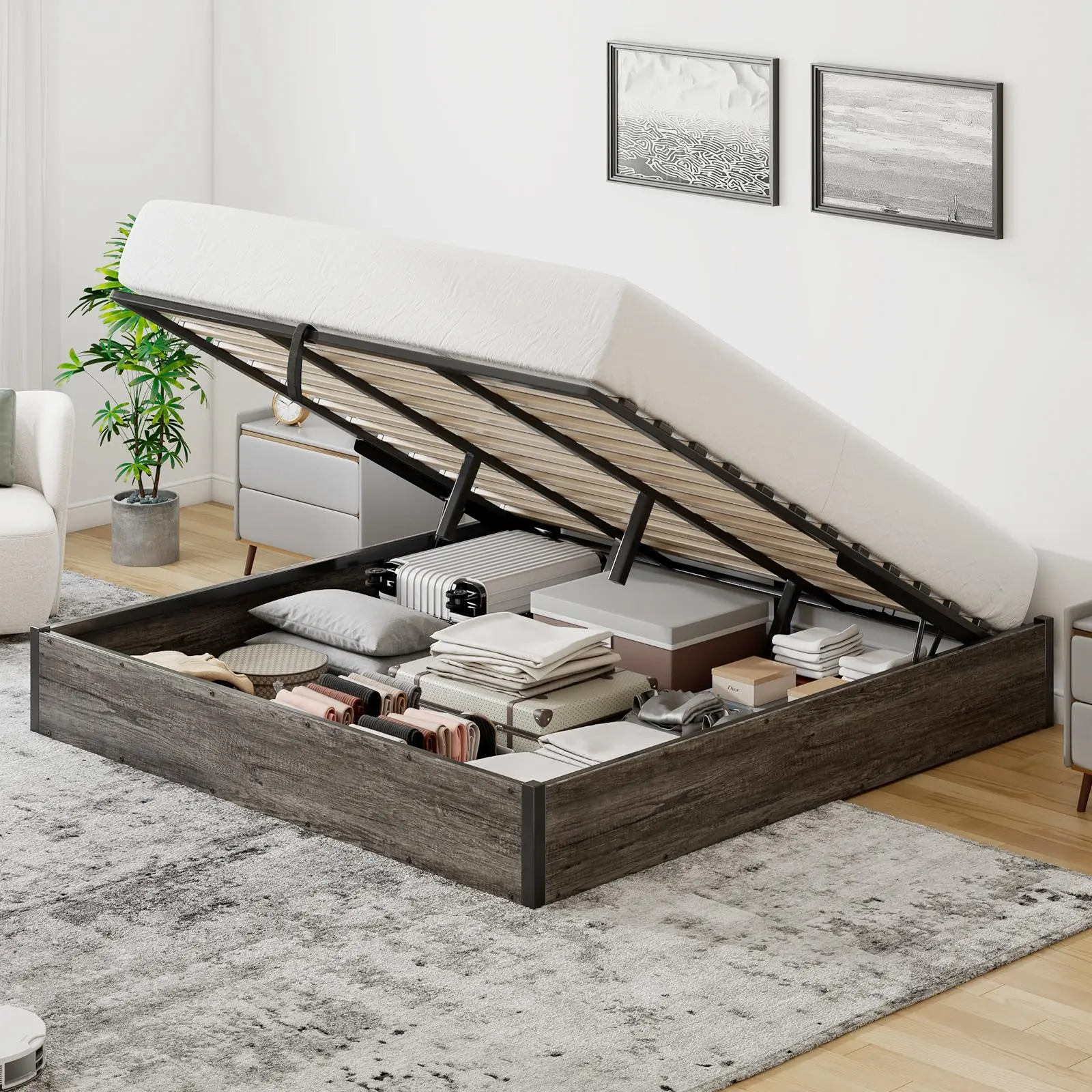 AMERLIFE Lift-Up Storage Platform Bed Frame - Furniture Bedroom, Heavy-Duty Metal Bed Frame with Wooden Slat Support, No Box Spring Needed, Large Storage, Noise-Free, Easy Setup, Durable, Christmas Gift Idea, Metal Bed Frames