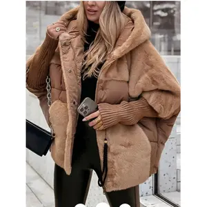Women's Hooded Patchwork Warm Coat Autumn Padded Jacket Oversize Outerwear in Winter