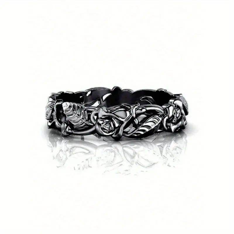 Vintage Elegant Gothic Flower Ring | Wedding Engagement Anniversary Party Jewelry | Unisex Ring for Men & Women | Valentine's Day Gift Dark Aesthetic Rings Engraved Ring