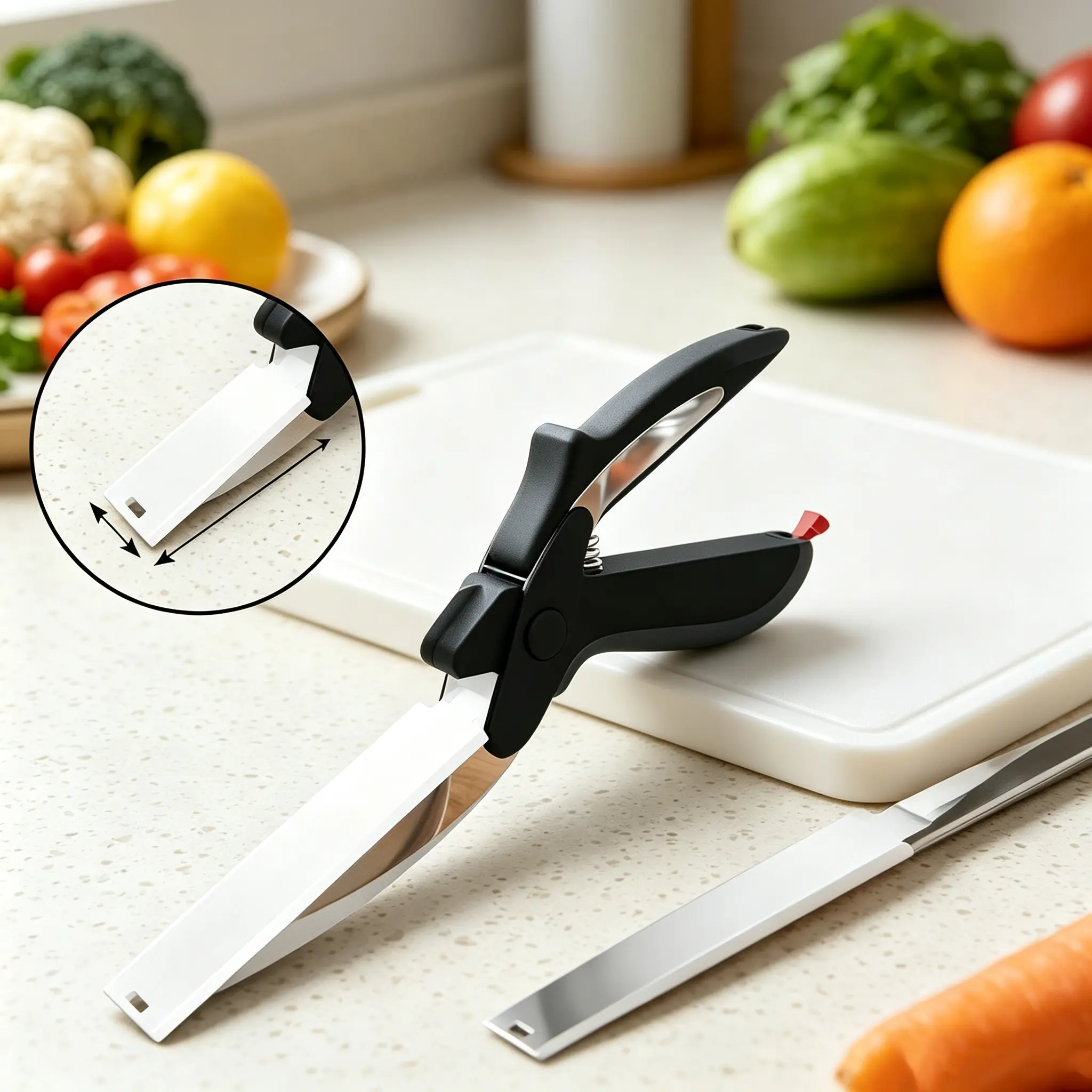 2 in 1 Food Prep Scissors Stainless Steel with Attached Cutting Board & Safety Lock, Removable 9.5 Inch Blade for Cutting Tomato, Veggies, Fruits & Cheese, Compatible with Dishwasher