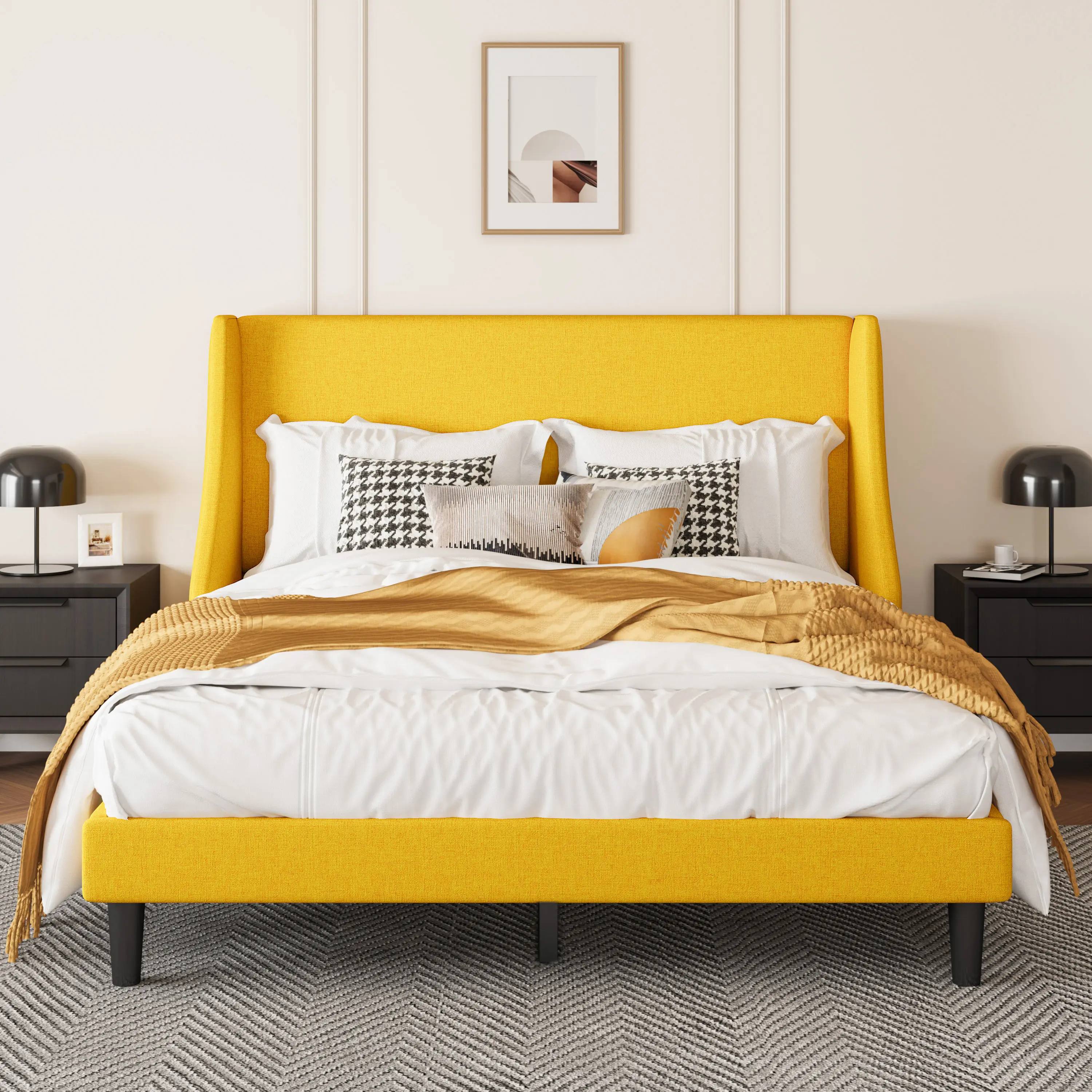 SHA CERLIN Queen Size Upholstered Bed Frame with Streamlined Wingback Headboard (Frame Only, No Mattress) – Breathable Linen Fabric, Solid Wooden Slats, Summervibes Father's Day Gift, Queen Size Bed Frame