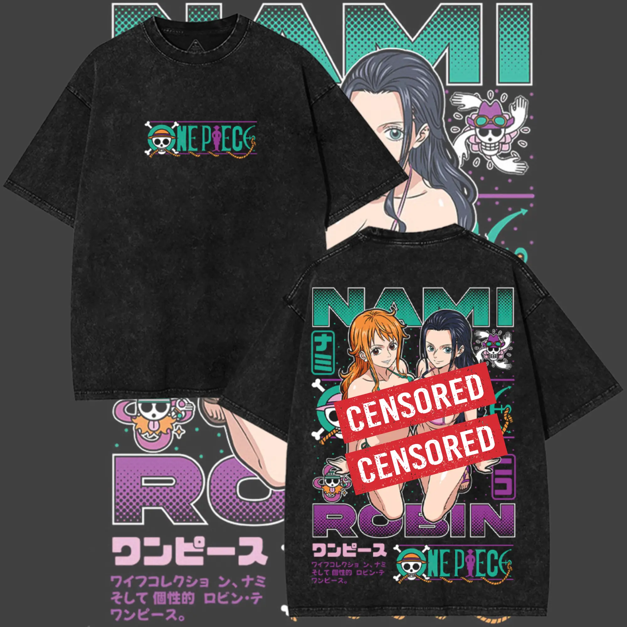 Limited Waifu Bikini Nami x Robin Washed Tee, One Piece Anime Oversized Print Acid Wash Graphic T-Shirt, Y2K Streetwear Gift For Fan Manga Lover Otaku Merch