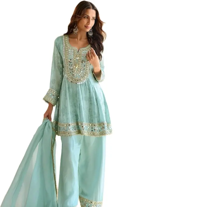 Red Mirror Work kurta with palazzo  for Women - Fashion Clothing - Womenswear Suits Comfort Top-in chiffon Elegance Comfortable elegant fashion 3-piece set outfit woman spring
