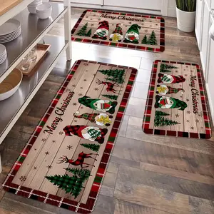 2/3pcs Christmas kitchen floor mat, flannel retro Santa Claus Christmas tree print anti slip carpet floor mat, suitable for kitchen, entrance door, laundry room, bathroom, living room, room Christmas decoration floor mat, Home Decor Rugs