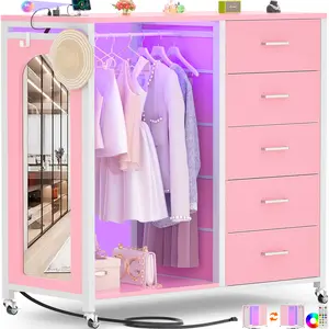 2-in-1 Smart Dresser Closet with 5 Fabric Drawers, Hanging Rack, Mirror, LED Lights & Built-In Charging Station, Rolling Chest of Drawers with Wheels, Wooden Top