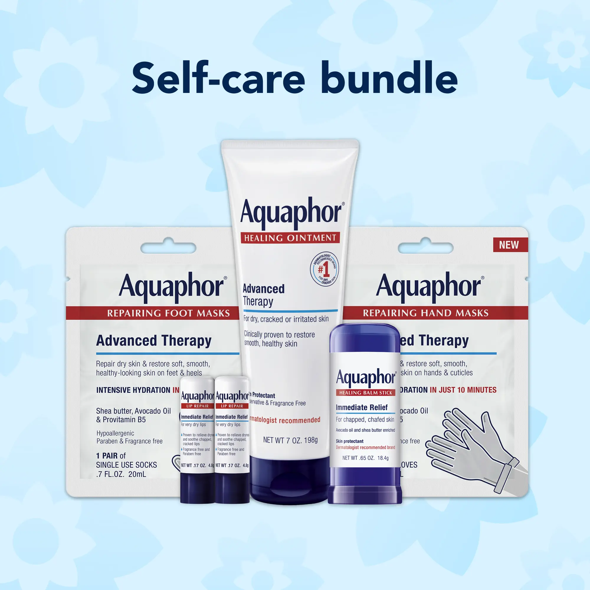 Selfcare Bundle: Aquaphor Healing Ointment 7 Oz Tube, Aquaphor Healing Balm Stick 0.65 Oz Stick, Aquaphor Lip Repair Stick 0.17 Oz, Pack of 2, Aquaphor Repairing Hand Masks, 1 Pair of Gloves, and Aquaphor Repairing Foot Masks, 1 Pair of Booties