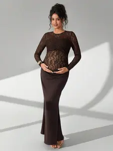 ADORIA Maternity Solid Color Lace Long Sleeve Long Ruffle Mermaid Hem Maternity Photography Dress