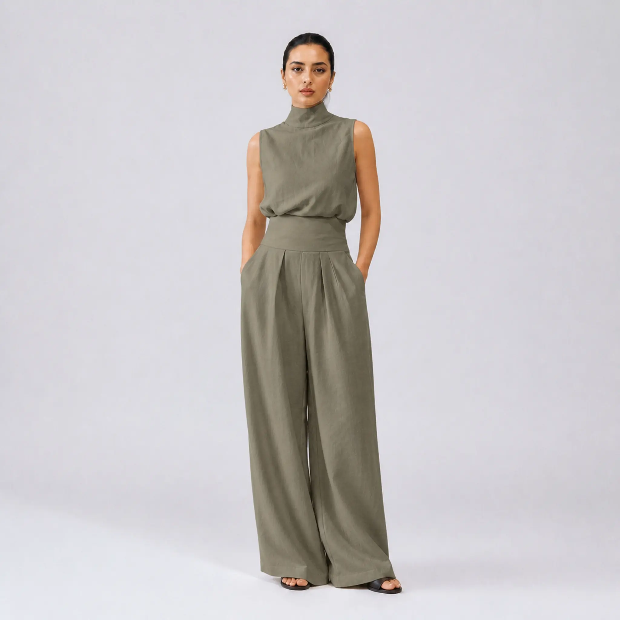 LikeMyChoice 2 Piece Matching Set Sleeveless Mock Neck Back Cutout Top High Waist Pleated Wide Leg Pants Old Money Quiet Luxury Office Vacation Outfit