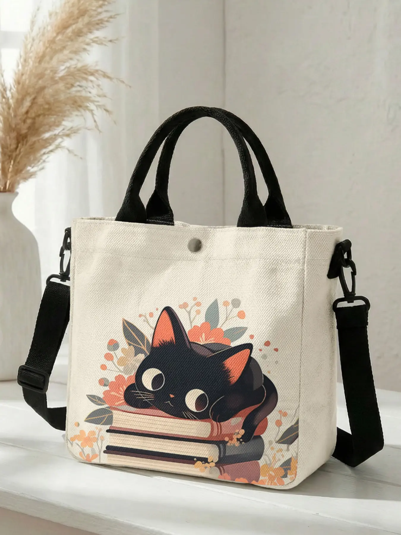 1 piece black cat book pattern 2D printed fashion crossbody bag, Casual Shoulder Bag, Fashionable Patterned Bag, Fashionable Bags, adjustable strap + snap closure, office workers, shopping travel, street essential combining style and practicality