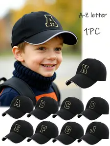 Kids A-Z Letter Embroidered Baseball Cap,  Black Baseball Hat For Boys & Girls, UV Protection Sun Visor For Spring & Summer, Custom Letter Embroidery, Soft Brim No Tightness, Versatile Baby Outdoor Casual Hat