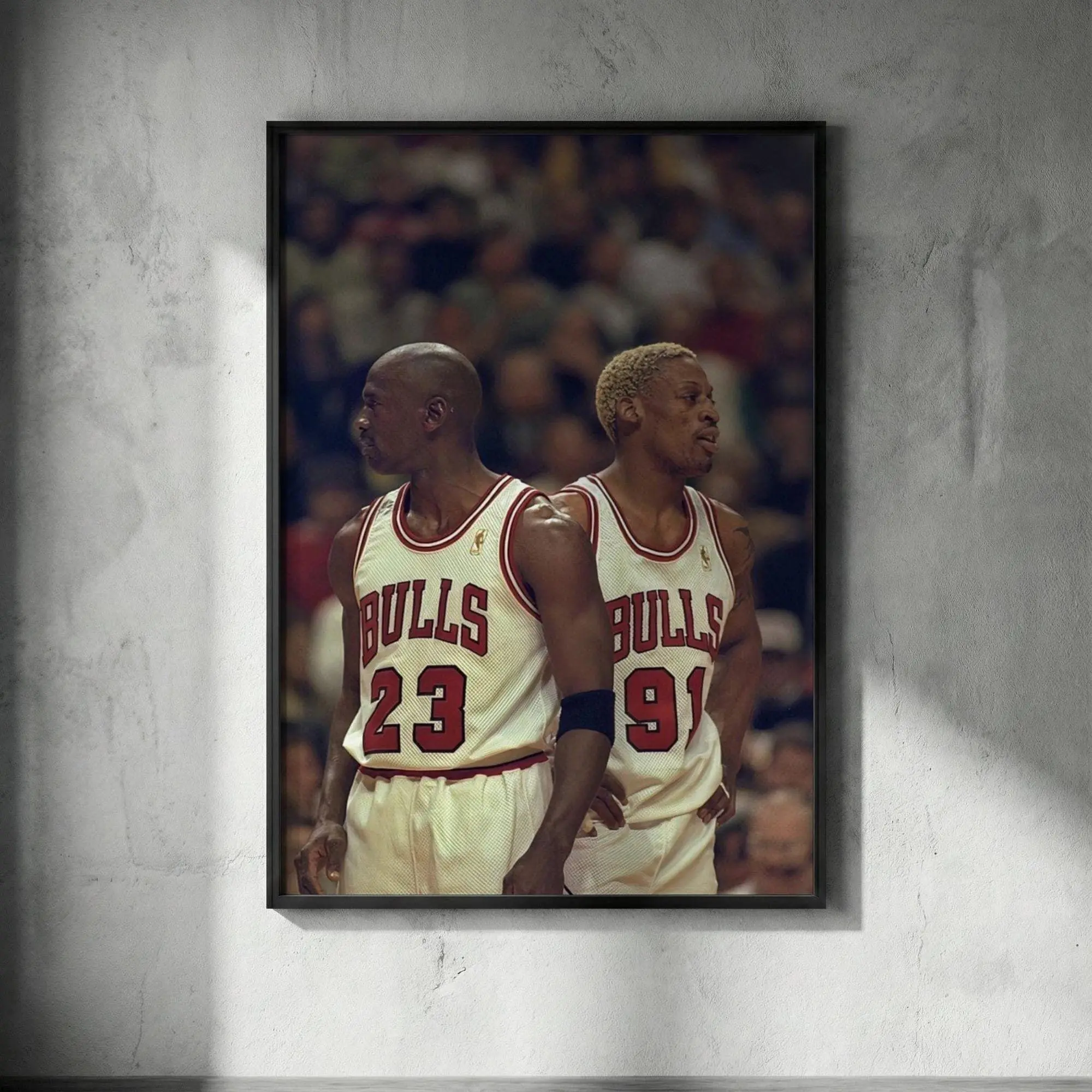 Michael Jordan and Dennis Rodman Poster - Iconic Chicago Bulls Duo Wall Art, Vintage 90s Basketball Print for Gym, Man Cave Sports Decor.