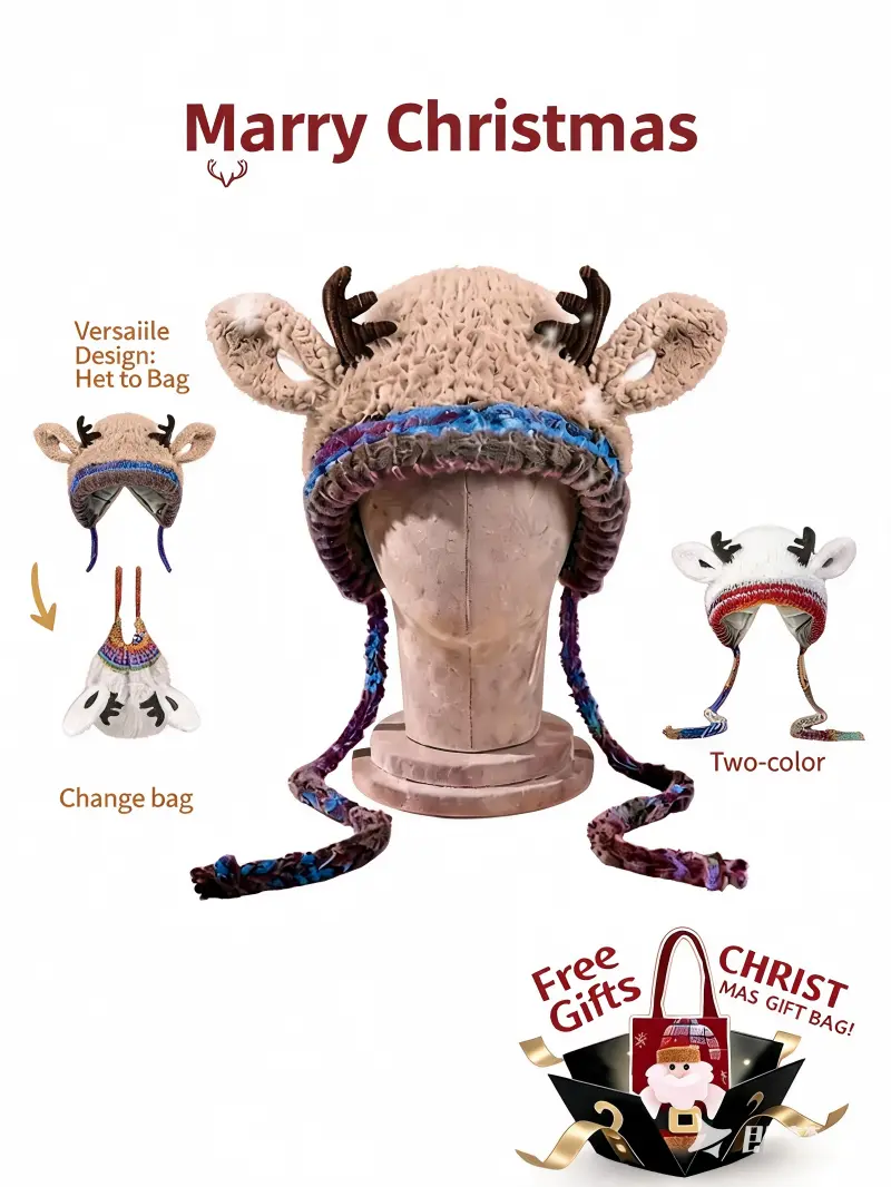 Original Design Festive Christmas Antler Knitted Hat - Windproof, Warm, Ear-Protecting, Multi-Use, Head Circumference-Unrestricted for Adults - Sports & Outdoor Accessory for Thanksgiving, Christmas