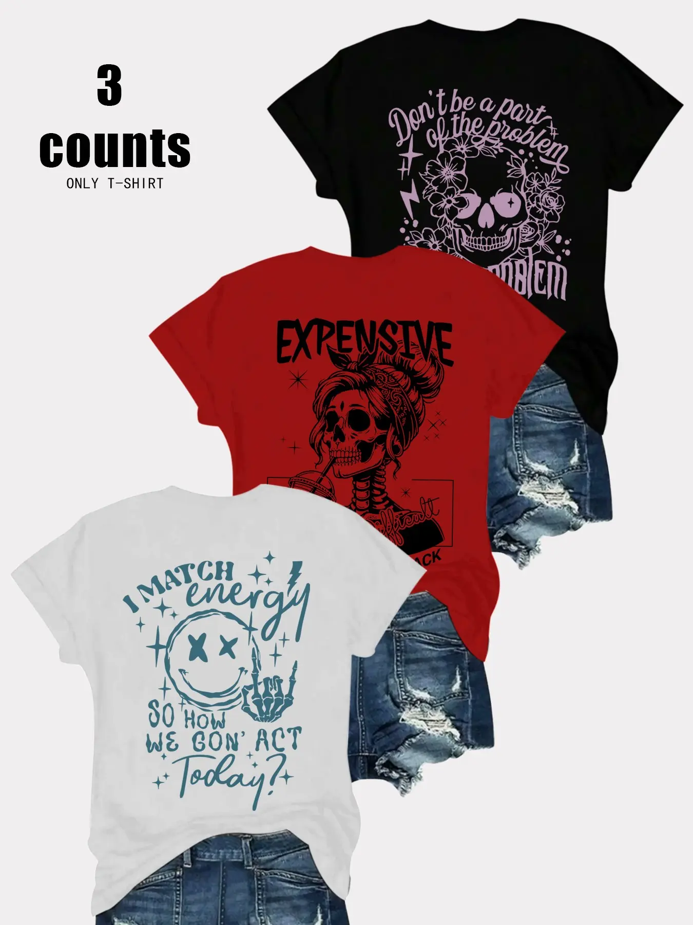 Breathable Casual T-Shirt, Streetwear, Loose Fit Round Neck Design, Skull Smiley Print, Daily Wear, Fashion Comfort Versatile Top, 3 Pack, Casual Style Tee