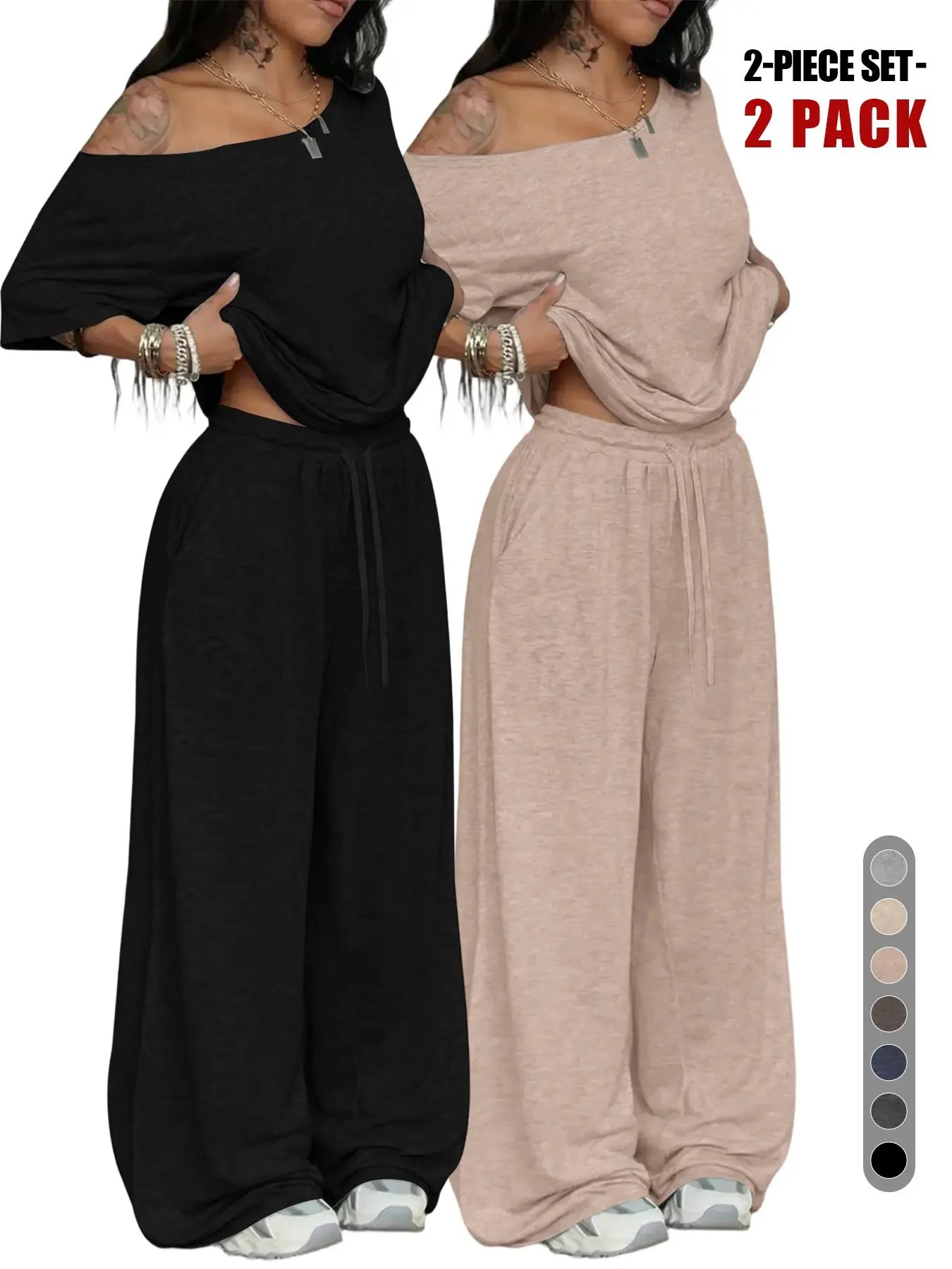 Two Piece Matching Lounge Sets Loungewear For Women Vacation Airport Fall Outfits Off Shoulder Sweatshirt Wide Leg Elastic Sweatpant Set Clothes Basic