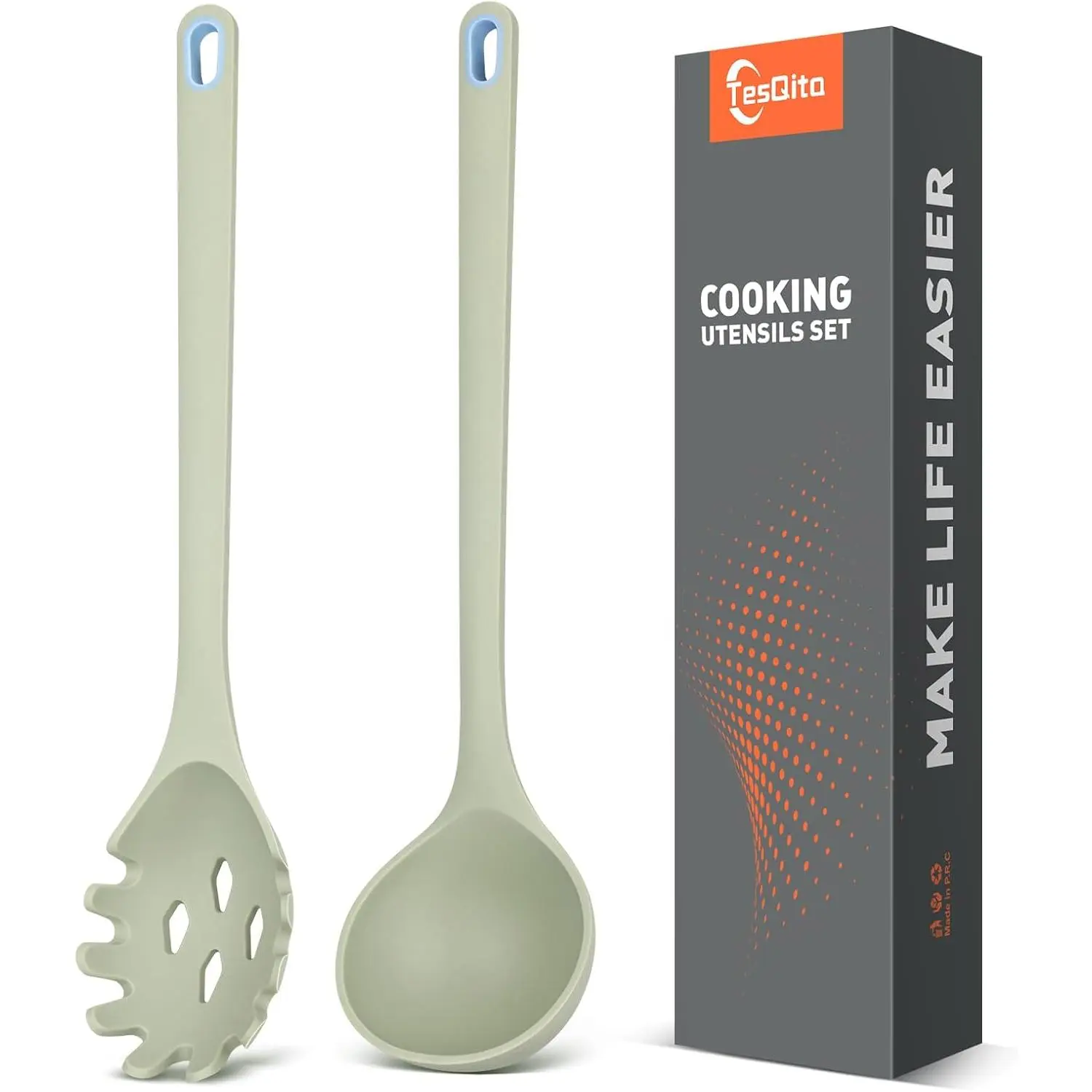 Silicone Spaghetti Spoon & Soup Ladle 2-Piece Cooking Utensils Set, No-Scratch for Nonstick Cookware, BPA-Free, 450℉ Heat Resistant (Green), Set Of Two