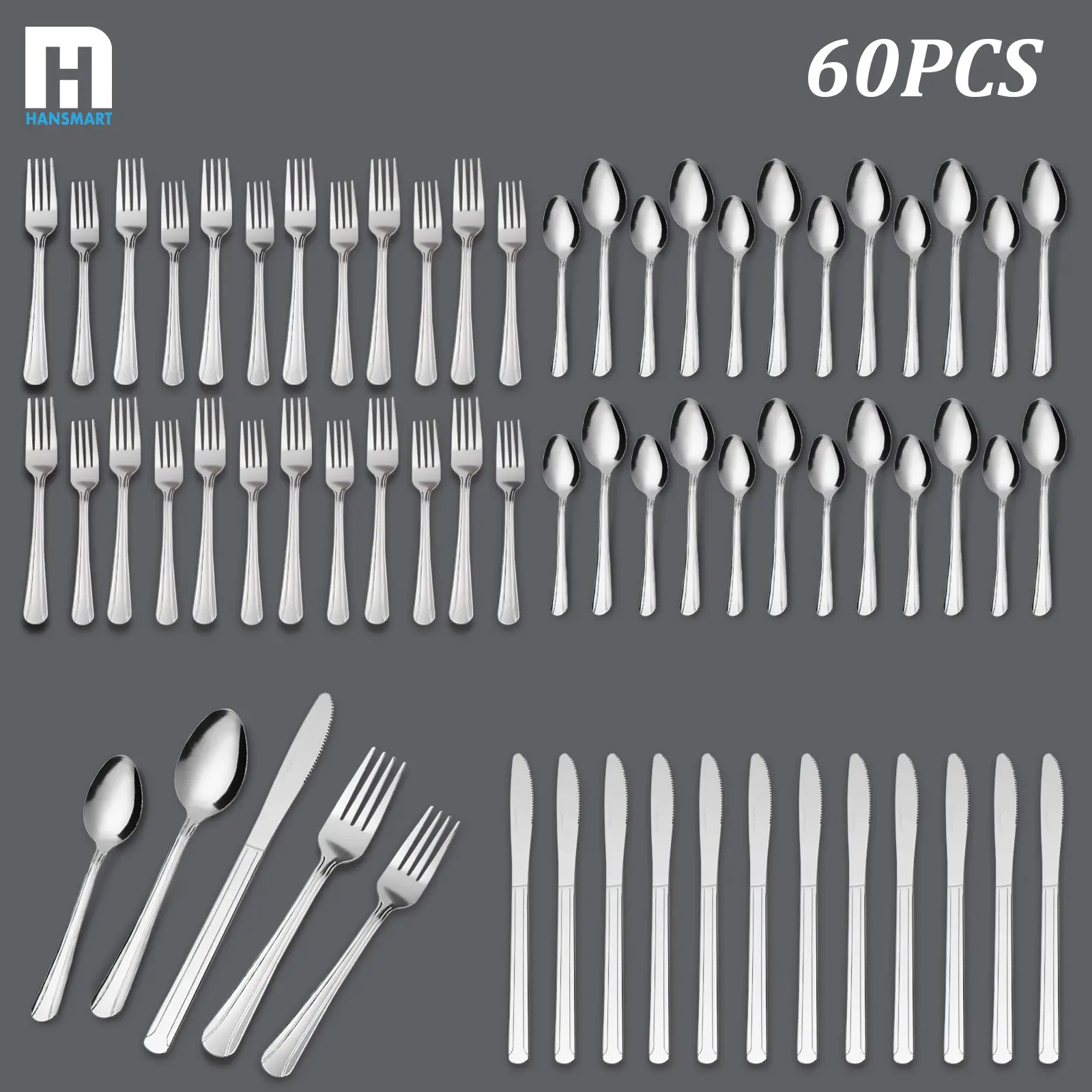 60pcs Stainless Steel Dominion Tableware Set - Boxed Dinner Sets with Knives, Forks and Spoons, Dishwasher Safe Kitchen Cutlery, Ideal for Home, Restaurant, Catering, Outdoor Camping, Weddings, Party