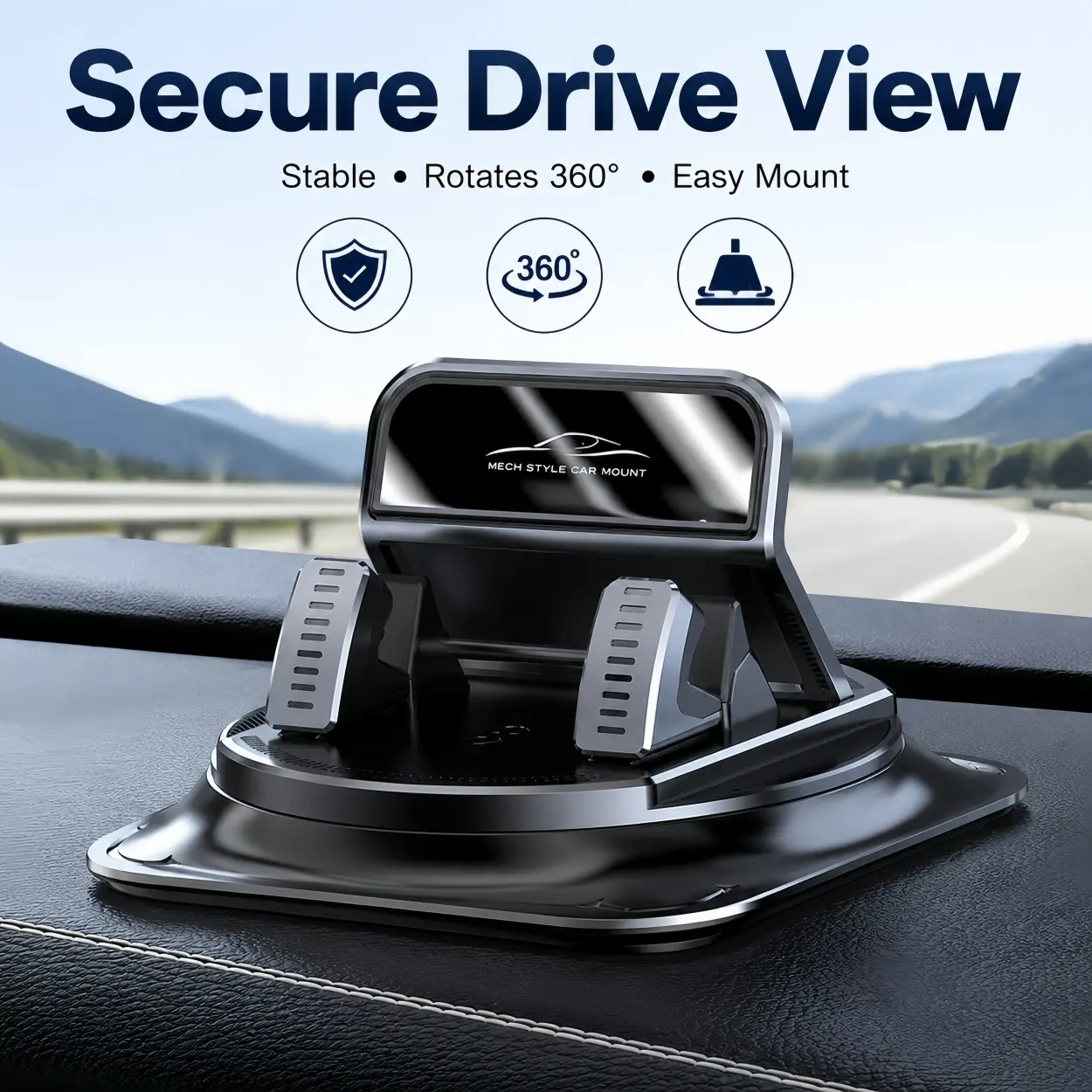 Universal Car Phone Holder for Dashboard Navigation, 360° Rotating Suction Cup Mount with Non-Slip Base, Hands-Free Horizontal & Vertical Viewing for iPhone and Android Phones