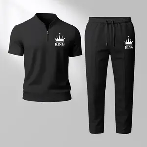 Men’s Casual Summer KING Letter Print Polo Shirt Set, Zipper Collar Short Sleeve Top & Sports Pants, Fitted Polyester Fabric, 2 Piece Outfit, #tiktokshopjumpstartsale #MenClothing #MensShortSets