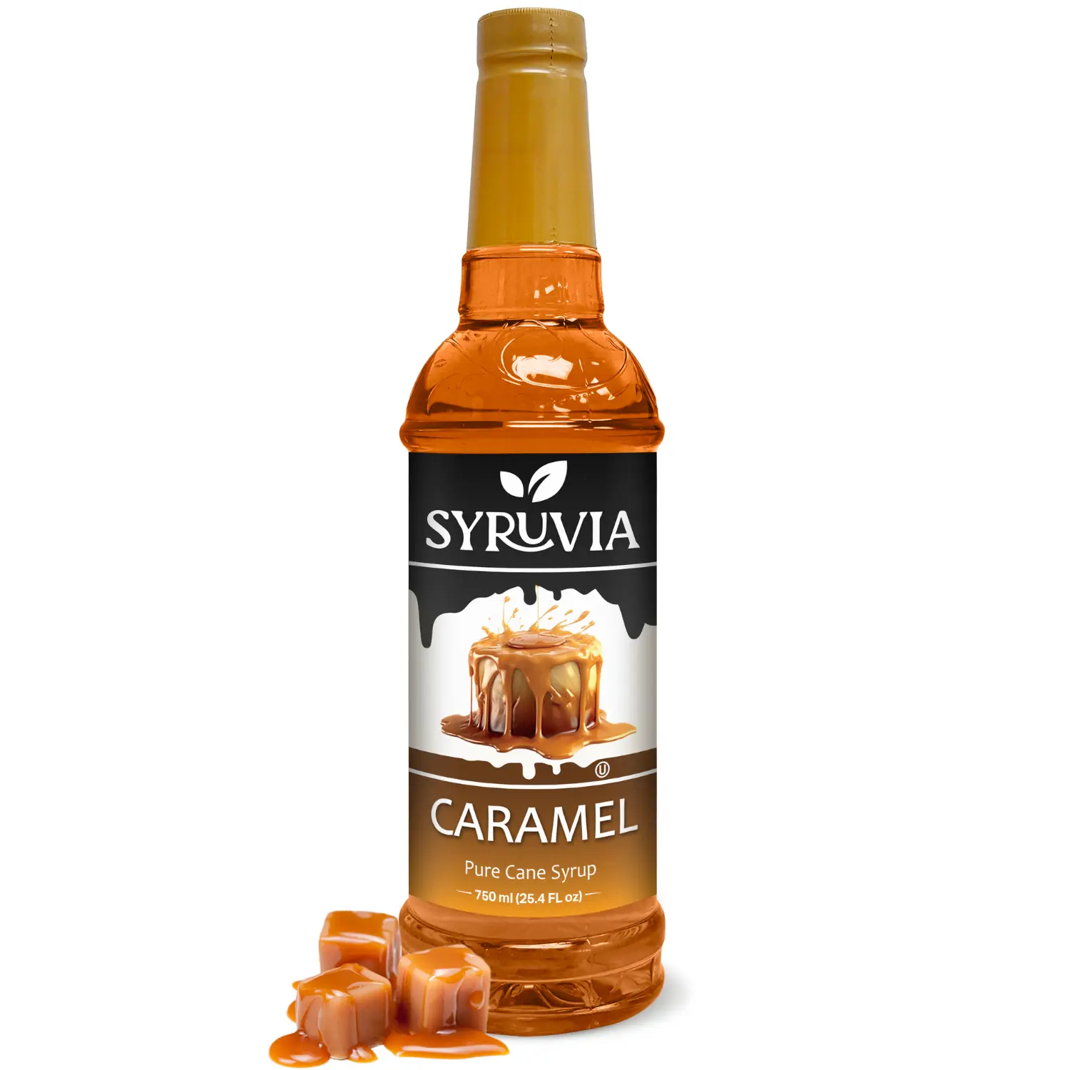 Syruvia Caramel Coffee Syrup - 25.4 fl oz (750ml) Premium Sweet Plastic Bottle Ambient Beverage Additive, Kosher, Gluten-Free, Ideal for Coconut Drinks (Syrups & Concentrates)