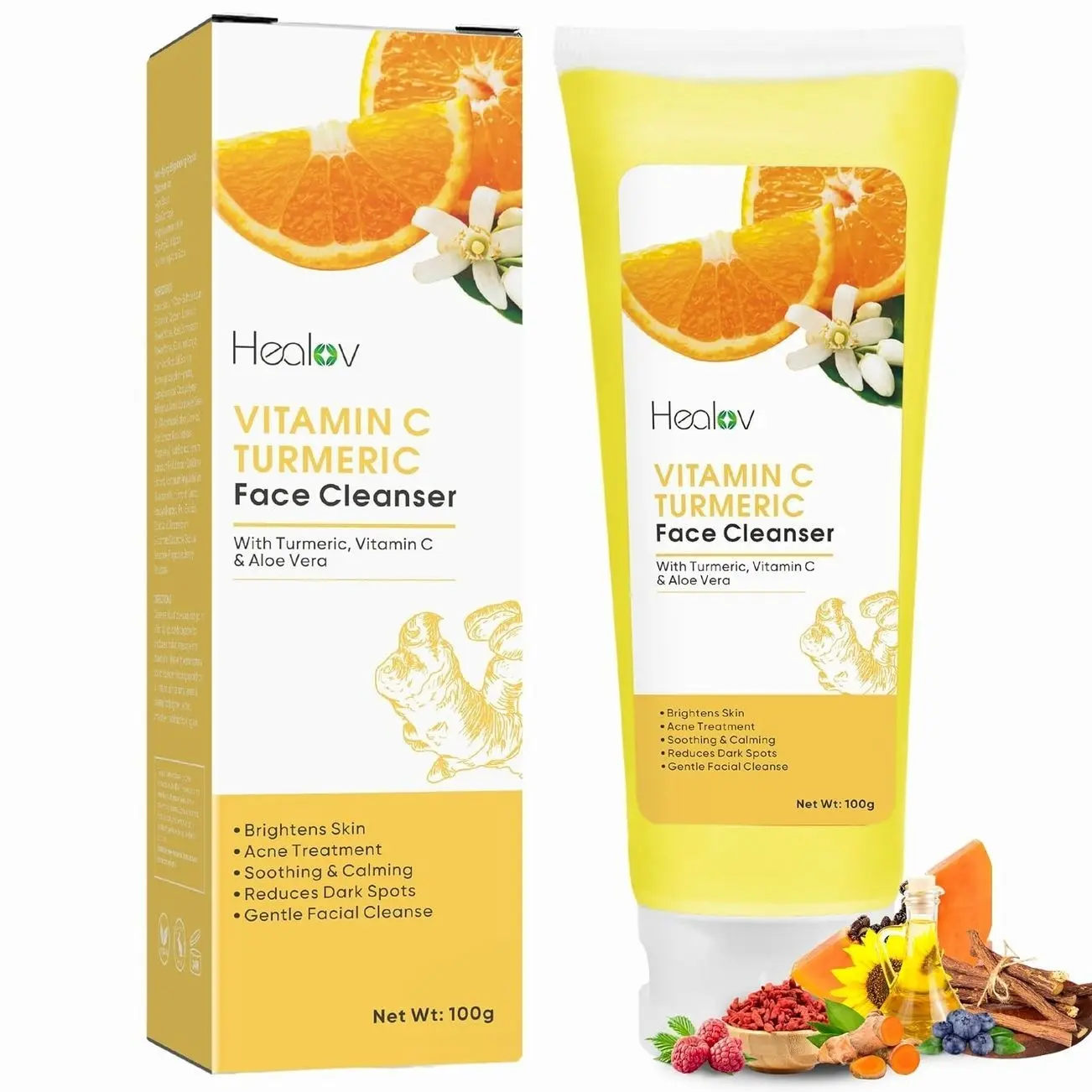 Healov Turmeric Face Wash – Skin Brightening Liquid Soap for Discoloration – Natural Anti Aging Exfoliating Facial Cleanser for Spots, Acne, Sun Damage – Turmeric Soap Skincare