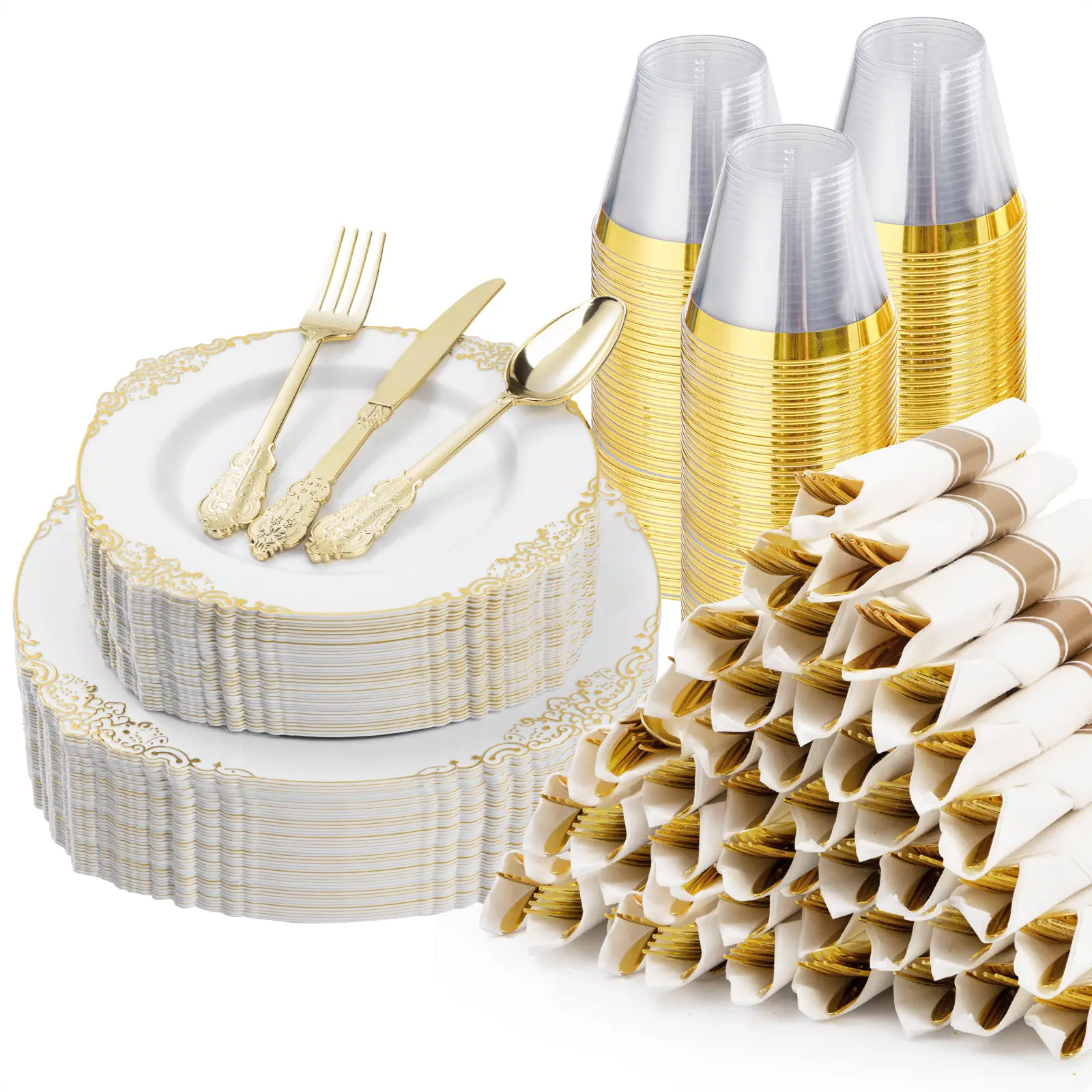Elegant Gold Plastic Plates for 50 Guests 100 Rim Plates 50 Silverware Sets 50 Napkins Disposable Cups Engagement Tray Ideal for Weddings Parties Christmas Vintage Gold Rim Design Durable and Reliable, Party Plates, Elegant Plastic Plates