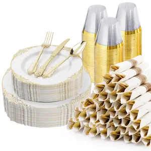 Elegant Gold Plastic Plates for 50 Guests 100 Rim Plates 50 Silverware Sets 50 Napkins Disposable Cups Engagement Tray Ideal for Weddings Parties Christmas Vintage Gold Rim Design Durable and Reliable