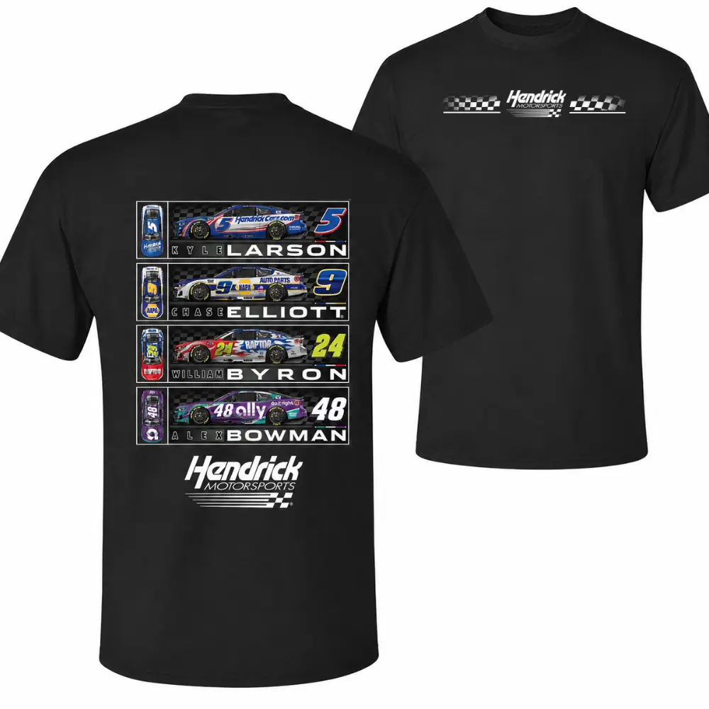 Hendrick Motorsports Men's Short-Sleeve Round Neck Cotton Regular Fit Sporty Sports Top - Digital Print Driver Graphic Tee (Larson,Elliott,Byron,Bowman), Black,Dark Heather & More Colors, 4XL, Racing Cars Fan Shirt, Gift for NAAR Enthusiasts