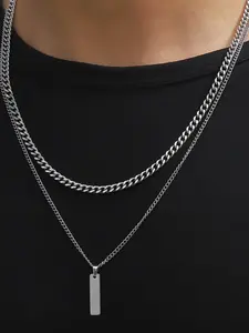 Two-piece stainless steel double-layer chain necklace set - blank pendant, perfect as a Valentine's Day/birthday gift, everyday streetwear, and party outfit; a cool hip-hop style accessory suitable for both men and women.