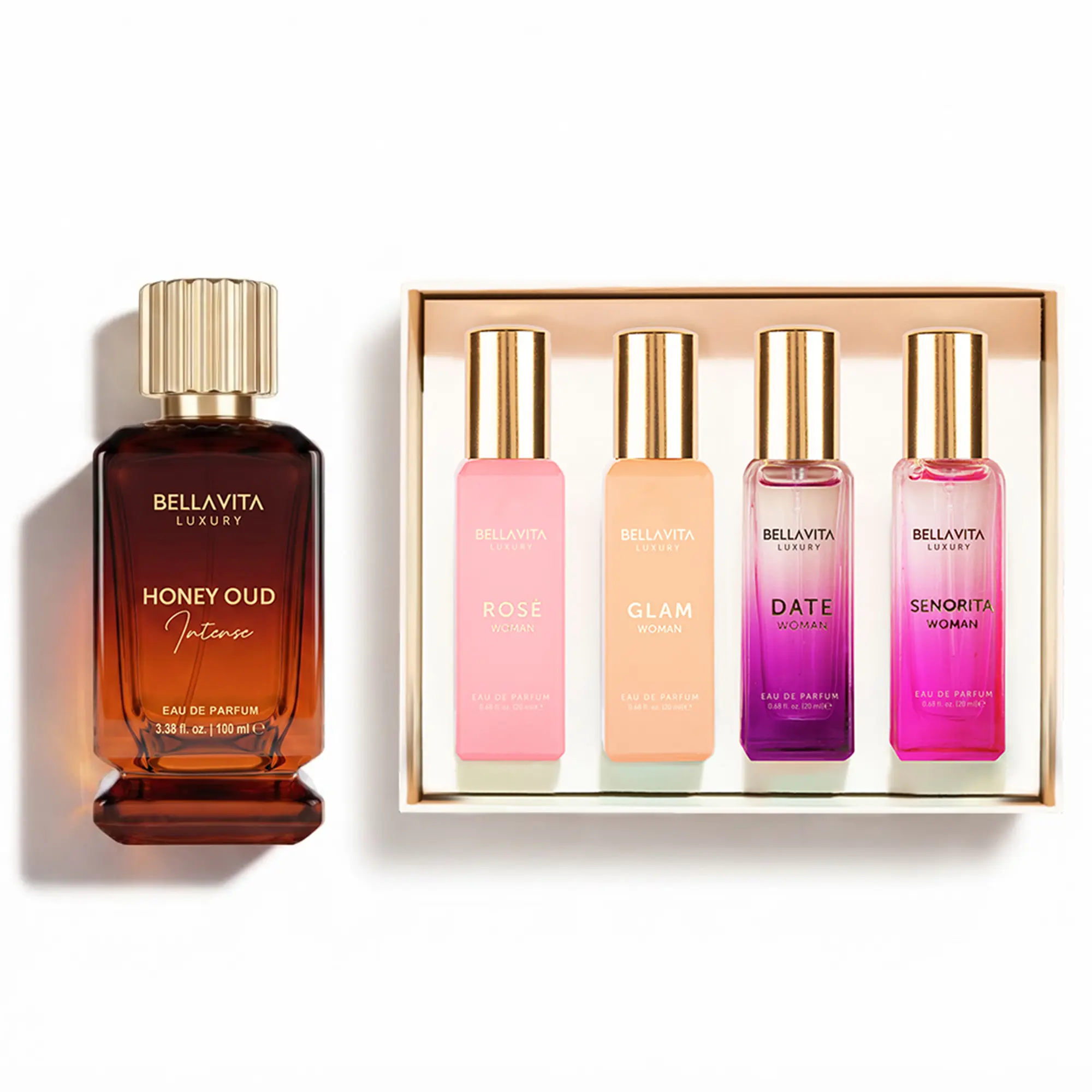 The Golden Goddess Set by BellaVita Luxury | Honey Oud Intense & Women’s Perfume Gift Set | Bergamot, Honey, Oud, Rose, Vanilla & Feminine Fragrances | 5-Piece Gift Collection