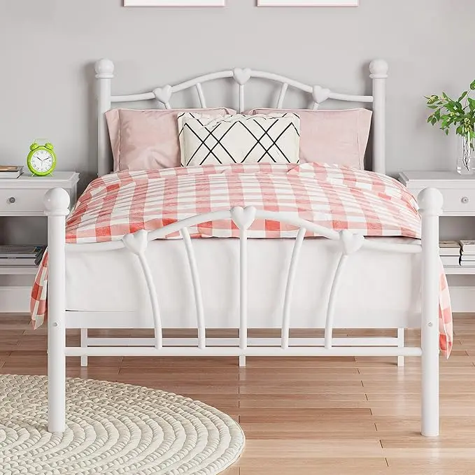 Twin Size Metal Platform Bed Frame Mattress Foundation with Iron-Art Sweat Heart Headboard & Footboard/Firm Support & Easy Set up Structure