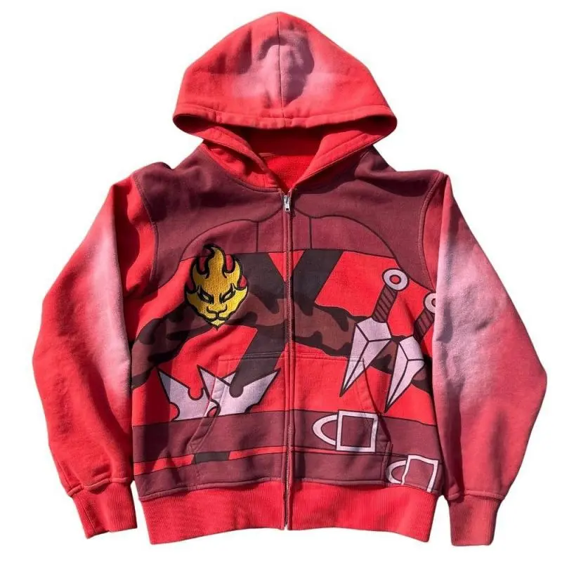 Printed zip-up sweatshirt and sweatpants set, long-sleeved pullover hoodie with patterned design