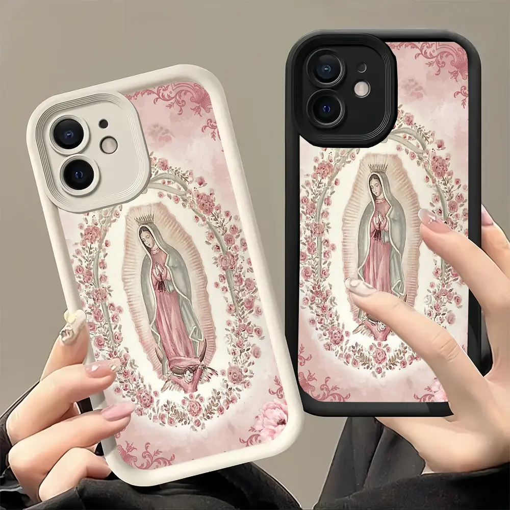 High quality pink bamboo Virgin Mary pattern Candy Colors Soft silicone phone case, non-slip and shock-proof, durable.Suitable for iPhone16promax, 16 15pro 14PLUS 13 12Pro 11 Pro Max 17 17Air  17Pro 17ProMax X XSMAX for daily use., Accessories, Tpu