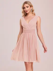 Ever-Pretty Women's Blush Pink Sleeveless V-Neck Short Bridesmaid Dress with Zipper Closure & Padded Bust for Formal Occasions 03989