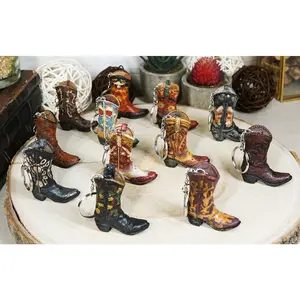 Pack of 12 Western Cowboy Cowgirl Faux Tooled Leather Boots Keychain Figurines